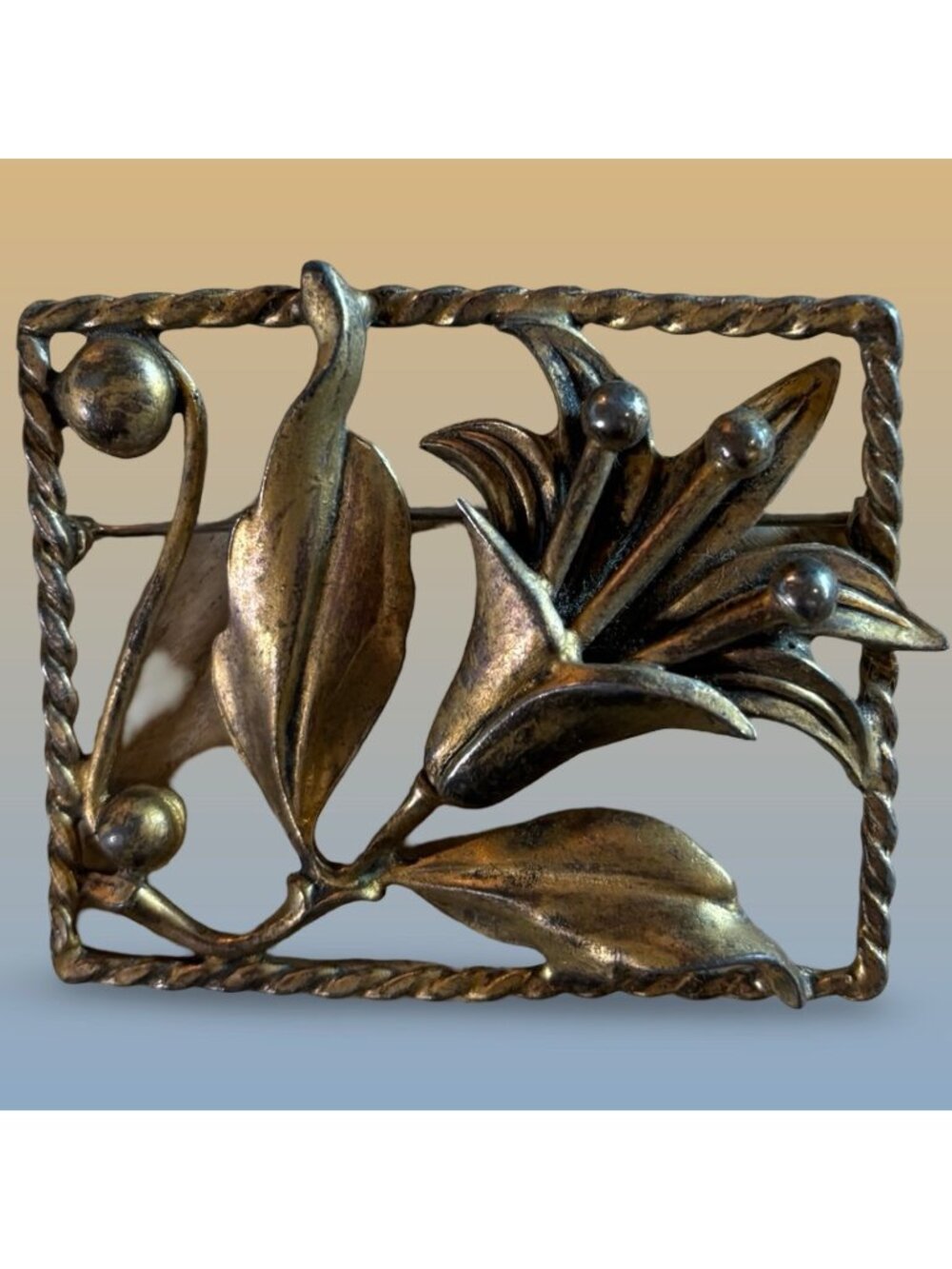 Vintage Art Deco Brass Floral Brooch With Ornate Rectangular Design Statement